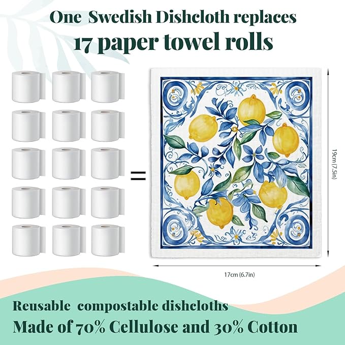 Swedish Dishcloths for Kitchen, Papaya Reusable Paper Towels Washable, Summer Lemon Vintage Floral Swedish DishCloths for Friut, 4 Pack Dish Towels for Kitchen, No Odor Cleaning Cloths