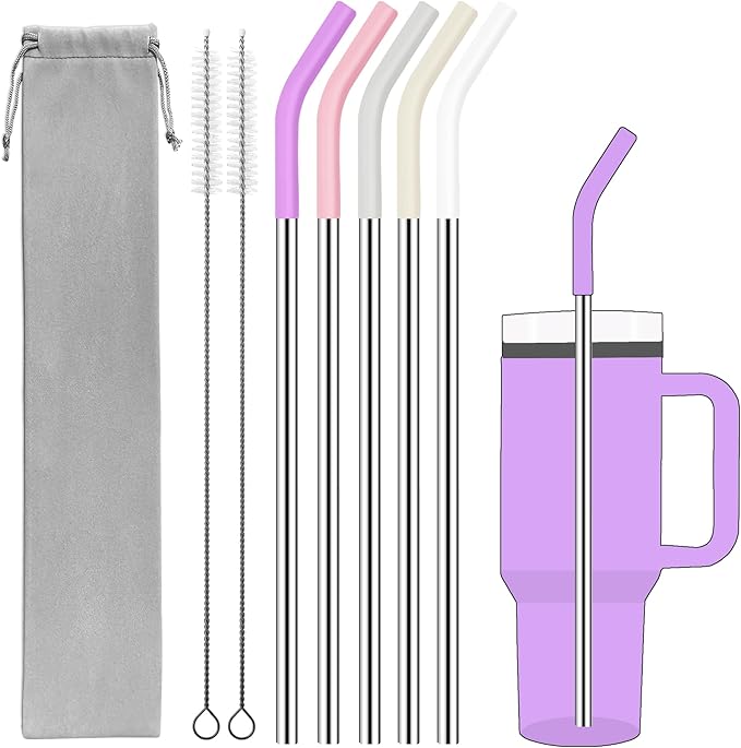 Set of 5 Stainless Steel Straws for 40 Oz Tumbler,For Stanley 40 Oz Tumbler, Reusable Metal Straw with 10 Silicone Tips and 2 Straw Cleaning Brush（5 colours 2, 40oz）