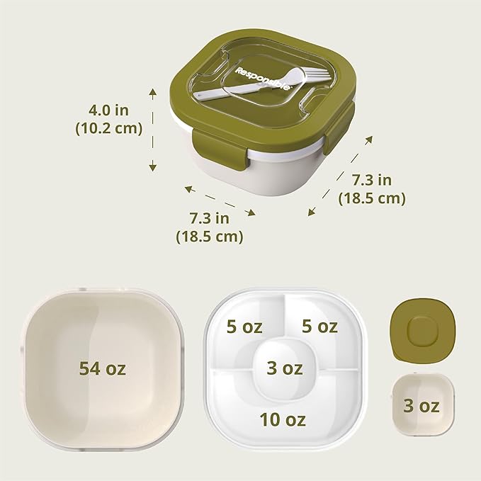 Responsible Products Leak Resistant Bento Box with Tableware for Adult - Teens, Insulated Lunch Box for Women - Men - Girls - Boys, BPA Free, Dishwasher Safe, Microwave Safe, Freezer Safe, 46 oz