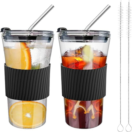 2 pcs Iced Coffee Cups with Lids, 16 oz Glass Cups with Lids and Straws, Reusable Tumbler with Silicone Sleeve, Wide Mouth Can Shaped Drinking Glasses for Coffee Juice Water Smoothie (Black)
