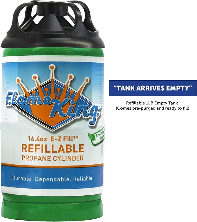 Flame King Refillable 1LB Empty Propane Cylinder Tank - Reusable - Safe and Legal Refill Option - DOT Compliant - 16.4 oz, Green