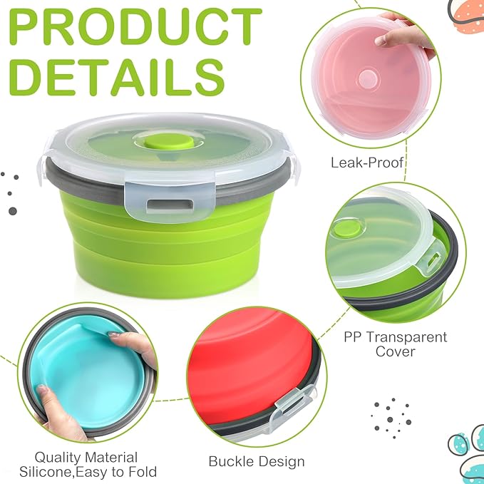 Suclain 4 Pcs Collapsible Bowls with Lids Silicone Camping Food Storage Container Expandable Folding Salad Lunch Box Travel Container for Hiking Camping(Red, Pink, Blue, Green,12, 17, 27, 41 oz)