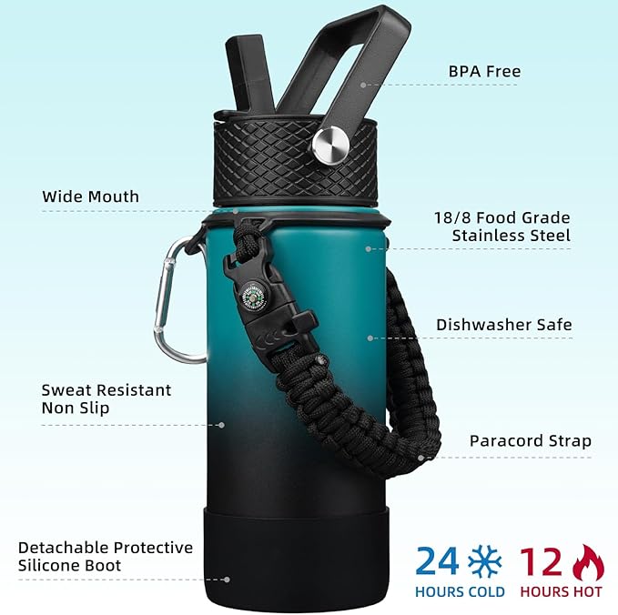 BJPKPK Water Bottle with Straw Lid, 18oz Insulated Water Bottles with 3 Lids, Paracord Handle & Non-slip Boot, Metal Stainless Steel Thermal Flasks, BPA Free Leak Proof Tumblers,Army Green & Black
