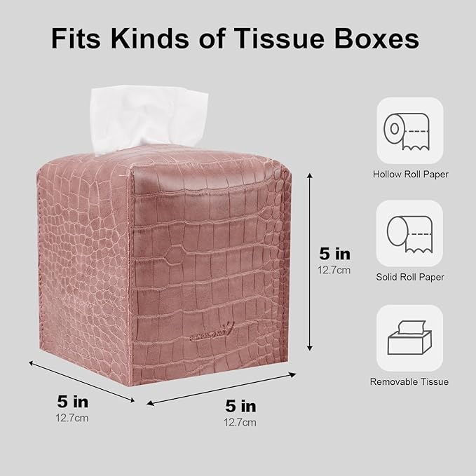 Tissue Box Cover 5X5X5'' PU Leather Tissue Holder Square Tissue Cube Box Organizer for Bathroom Vanity Countertop, Car, Night Stands, Office, Home, Kitchen (SnakePink, 1Pack)