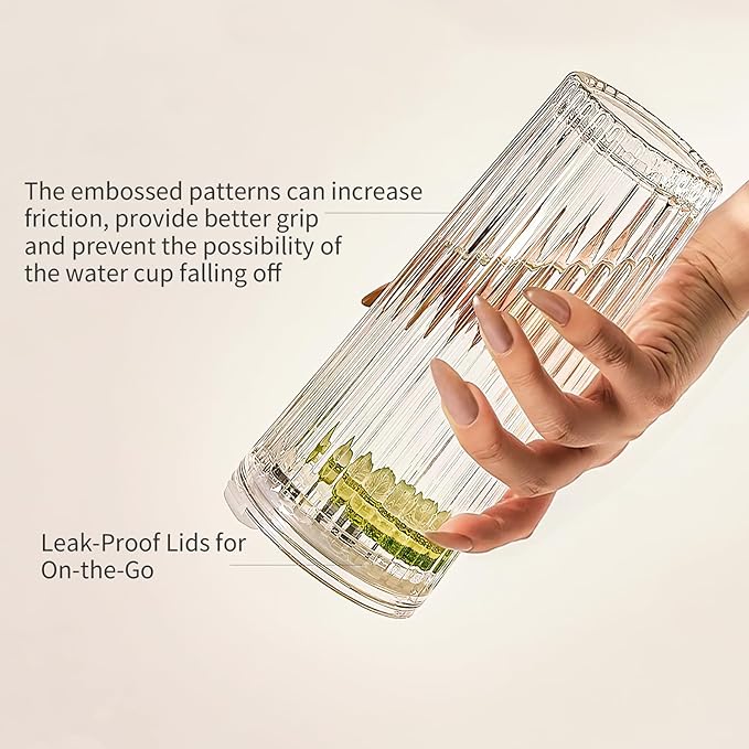 Puraville 2 Pack 18oz Glass Cups with Lids and Straws, Vintage Ribbed Striped Glacier Pattern Thickened Glassware for Whiskey Cocktail Beer, Mason Jar Drinking Glasses Tumbler Iced Coffee Cup, Clear