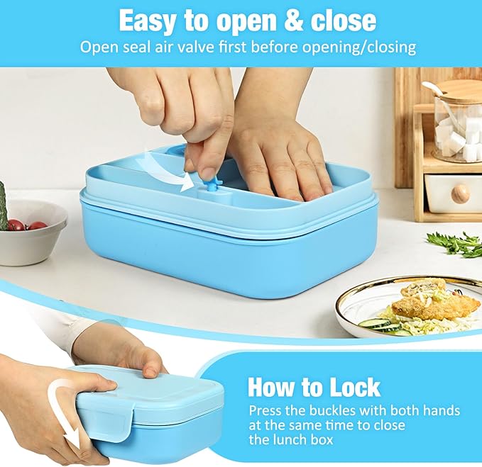 Caperci Bento Box for Kids - Stackable Leakproof Multiple Compartments 5.8 Cups Bento Lunch Box for Adults with Sauce Container - Idea for School, On-the-go, Built-in Utensil Set, BPA Free (Blue)