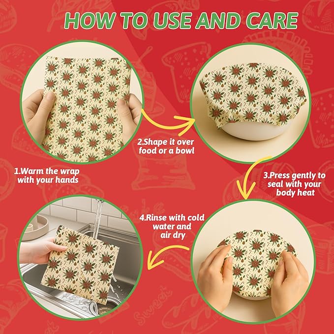 Christmas Beeswax Bread Bags Set – 2 Reusable Bread Bags + 3 Wax Paper Sheets,Eco-Friendly Beeswax Wraps for Food,Homemade Sourdough,Cheese,Snacks & Fruit,Holiday Gift for Bakers Kitchen Lovers