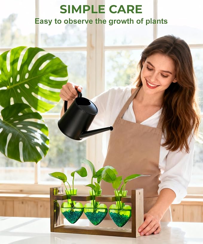 Nacome Plant Terrarium Propagation Stations: Air Planter 3 Bulb Glass Heart Shaped Vase with Wooden Stand for Hydroponics Home Office Decor - Christmas Gifts for Plant Lovers Women Mom Wife(Green)