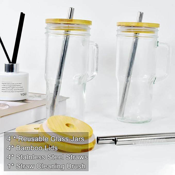 2Pcs Glass Cups with Lids and Straws, 24oz Mason Jar Iced Coffee Cup Drinking Jars Glasses Tumbler with Handle Bamboo Lids Wide Mouth Travel Mug for Bubble Tea, Iced Coffee, Smoothie, Beer
