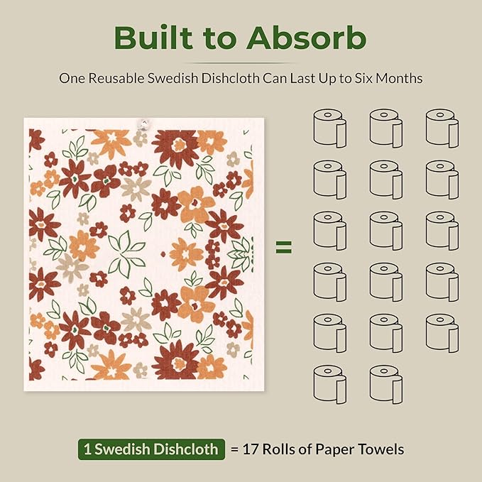 MosJos Swedish Dishcloths, Vintage Plant-Based Cellulose, 6.7x7.5 Inch, Super Absorbent, Multi-Surface, Machine Washable, Reusable, 5 Pack (Rust Green Burgundy)