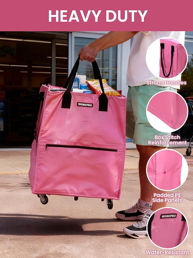 WORKPRO Large Reusable Grocery Bag on Wheels, Heavy Duty Rolling Shopping Tote with Handle, Folding Trolley on 5 Caster Wheels for Groceries, Laundry, Camping, Moving