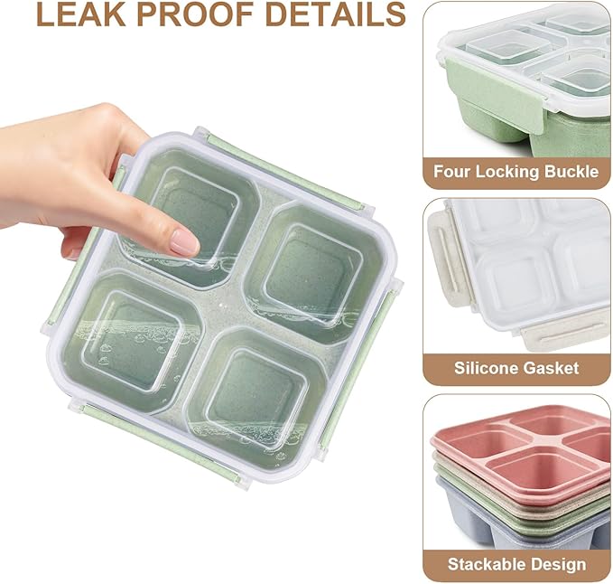 greenandlife 4 Pack Bento Lunch Box Set for Kids Adults, 4 Compartment Reusable Wheat Straw Meal Prep Food Storage Snack Containers, Stackable Snack box, Microwave and Dishwasher Safe, INS