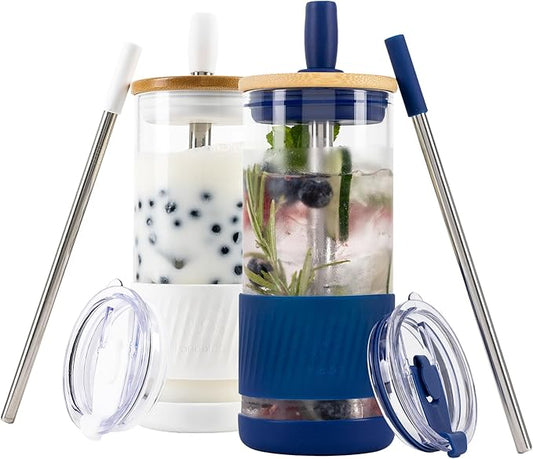 Pandaloo® Glass Cups With Lids and Straws -20 Fl Oz- Perfect Size Iced Coffee Cup - Smoothie Cup With Bamboo Lid and On the go Lid - Glass Tumbler (2 Count (Pack of 1), Galactic Blue-Coton White)