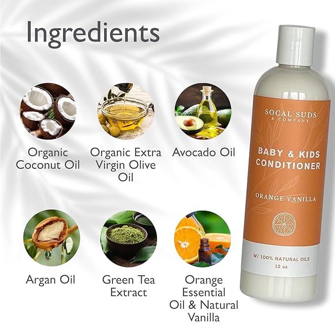 SoCal Suds & Company - Organic Baby & Kids Conditioner - Moisture Baby Hair Conditioner - Gentle Natural Vitamin Rich Ingredient Organic Oils for Babies and Kids Sensitive Scalp - Orange Vanilla 12oz