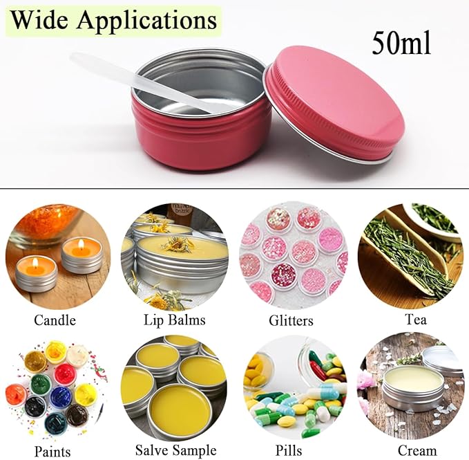 10pack50ml Pink Aluminum Tin, 50 Gram Containers Leak Proof Cosmetic Jars, 50g Small Makeup Containers Round Screw Lids for Cosmetic, Salves, Lip Balms, Toner, Cream, Candle, Tea, Beads