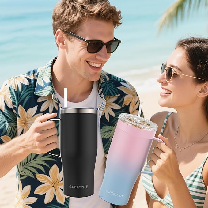 Universal Iced Coffee Sleeve with Handle - Insulated Double Wall Reusable Stainless Steel Holder Insulator for Cold Drinks Fits Small Medium Large To Go Cups Gifts for Men Women Him Her (Black)
