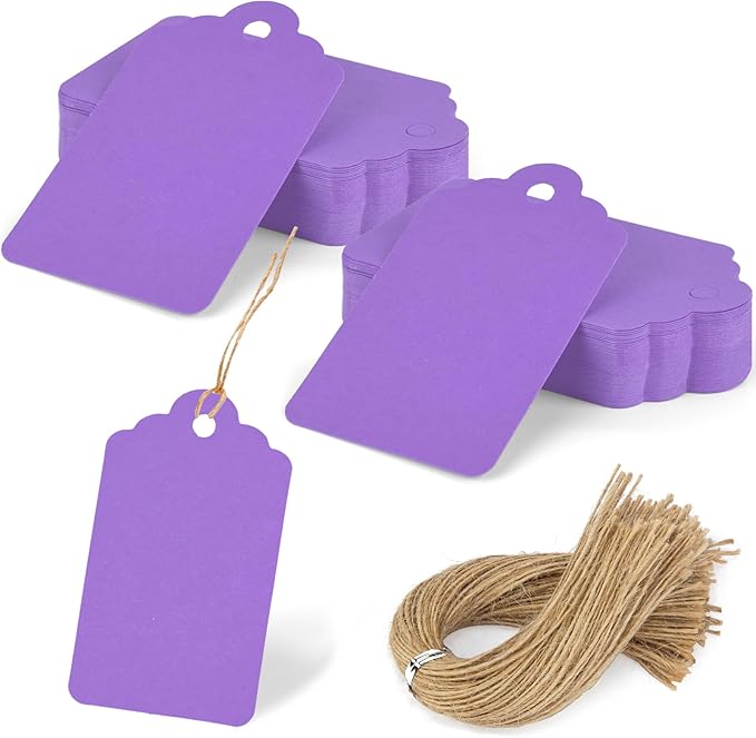 SallyFashion 120PCS Gift Tags with String Attached, 1.6 x 2.8 inch Purple Paper Tags for Wedding Birthday Gifts DIY