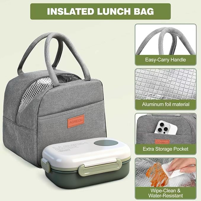 Lunch Box for Women & Adults - Kid-Friendly 37.2oz 3-Compartment Bento Box with Thick Insulated Lunch Bag, Leak-Proof with Sauce Container, Built-in Utensil Set, Dishwasher Safe (Green)