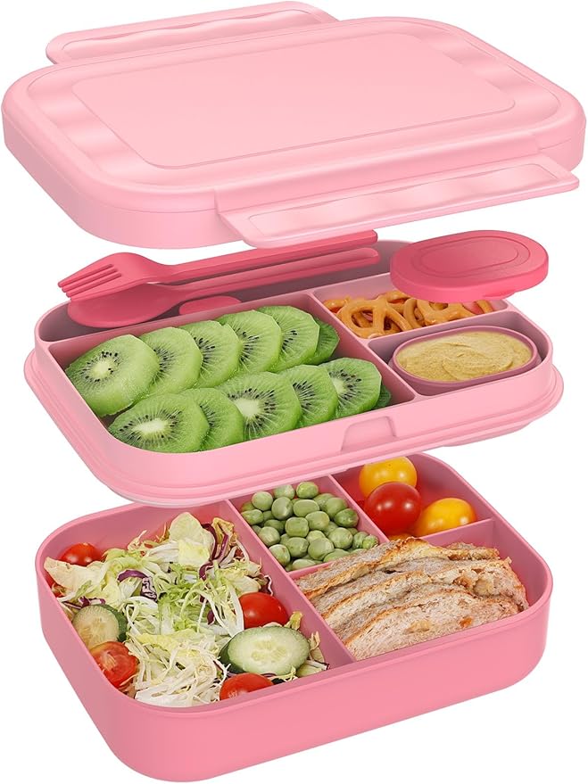 Caperci Bento Lunch Box for Adults - Stackable Leakproof 47oz Lunch Containers for Adults with Sauce Container - Idea for Office, On-the-go, Microwave/Dishwasher Safe, BPA Free (Pink)