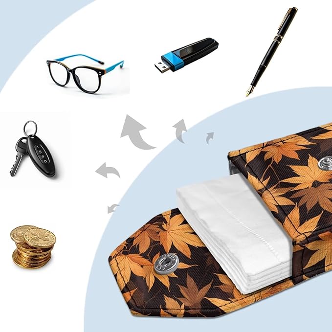 Maple Leaf Print Purse Tissue Holder Portable Pocket Tissue Holder for Coin Keys Tissues with Hanging Rope for Thanksgiving Snap Button Enclosed