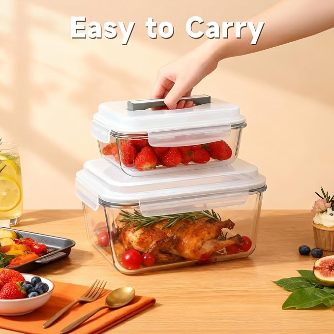 KOMUEE 203oz & 74oz Extra Large Glass Food Storage Containers with Airtight Lids, 2 Piece Big Glass Containers Set, Ideal for Storing Rotisserie Chicken, Lasagna, Salads, Fruits, Leak-proof & BPA-Free