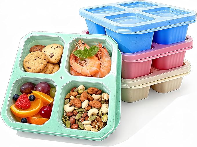 4 Pack Bento Snack Containers, 4 Compartment Divided Meal Prep Lunch Box Containers, Wheat Straw Reusable Food Storage Lunchable Container for Work Travel Picnic