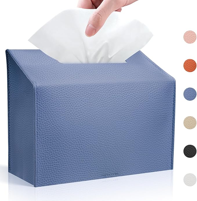 Tissue Box Cover Holder Compatible with Kleenex Disposable Paper Hand Towels, Leather Paper Towel Dispenser for Tabletop, Bathroom, Car, Office (Blue-1 Pack)