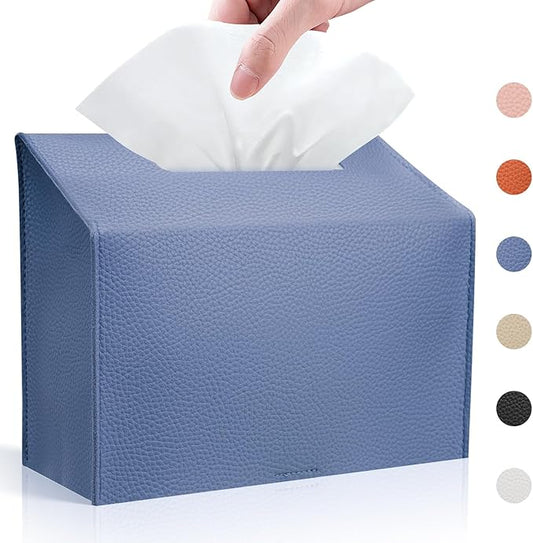 Tissue Box Cover Holder Compatible with Kleenex Disposable Paper Hand Towels, Leather Paper Towel Dispenser for Tabletop, Bathroom, Car, Office (Blue-1 Pack)