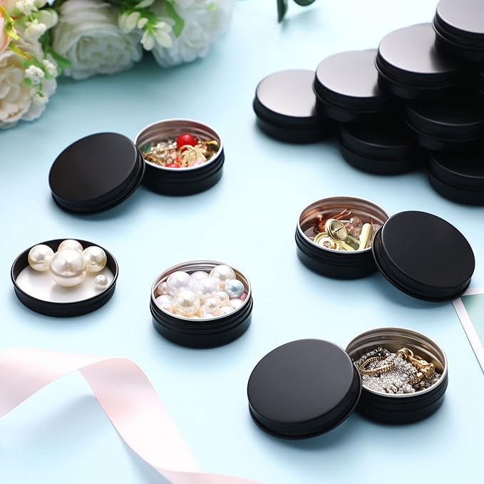 Patelai 64 Pieces Lip Balm Tin Containers Screw Top Round Tin Cans Aluminum Jar with Screw Lid, Empty Bottle Travel Cosmetic Sample Container for DIY(1 oz,Matte Black)