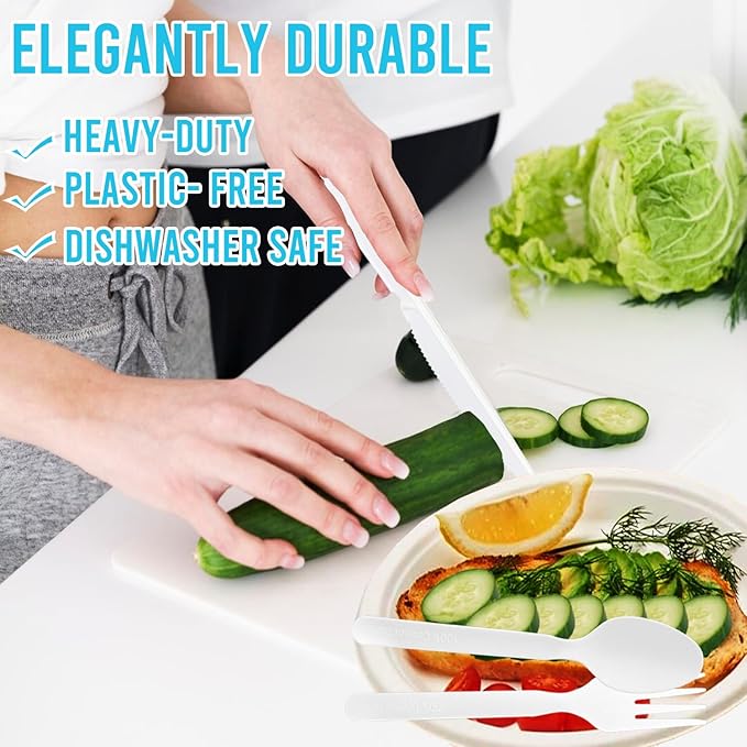 500 Count Large Compostable Forks Spoons Knives Flatware Set, White Heavy-duty Disposable Cutlery Eating Utensils (7 in.) BPI Certified