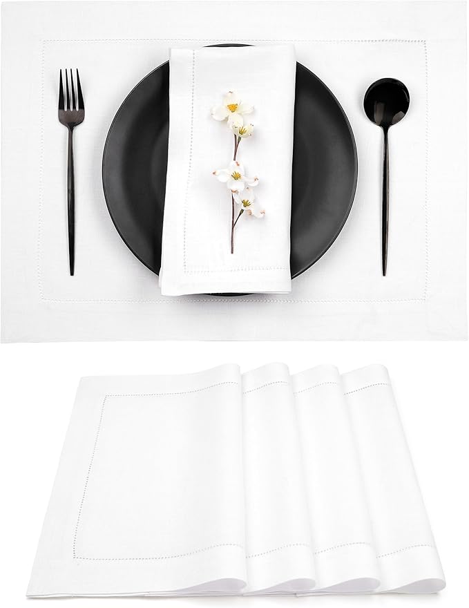 D'Moksha Homes White Linen Placemats Set of 4 - Classic Hemstitch Placemats 14 x 19 Inch - 100% Pure Linen Table Mats for Winter, Christmas, Holiday - Handcrafted and Machine Washable