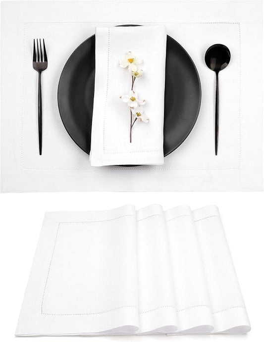 D'Moksha Homes White Linen Placemats Set of 4 - Classic Hemstitch Placemats 14 x 19 Inch - 100% Pure Linen Table Mats for Winter, Christmas, Holiday - Handcrafted and Machine Washable