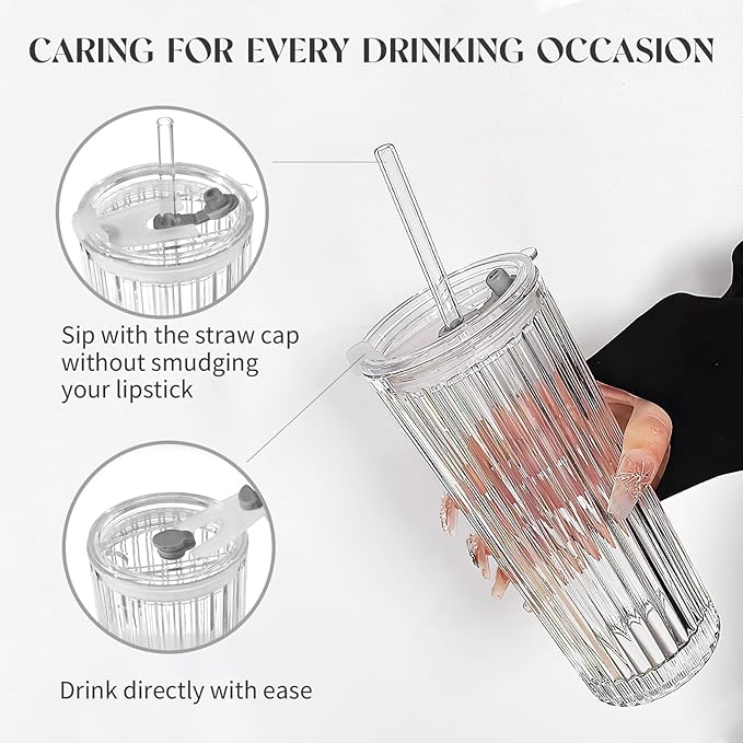 Puraville 18oz Glass Cup with Lid and Straw, Vintage Ribbed Striped Thickened Glassware for Whiskey Cocktail Beer, Mason Jar Drinking Glasses Tumbler Iced Coffee Cup, Clear