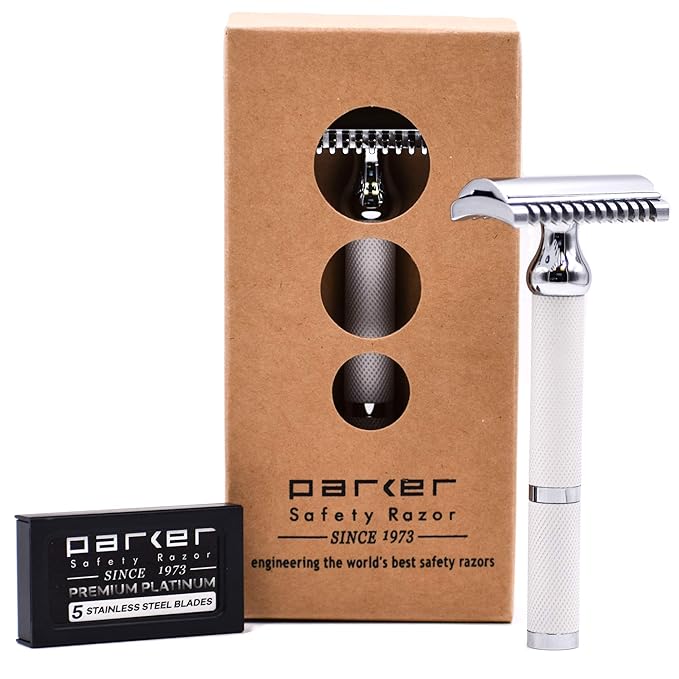 Parker Open Comb Double Edge Safety Razor – Heavyweight Chrome Handle for Closer Shaves – Includes 5 Razor Blades – Ideal for Men or Woman (Bright White)