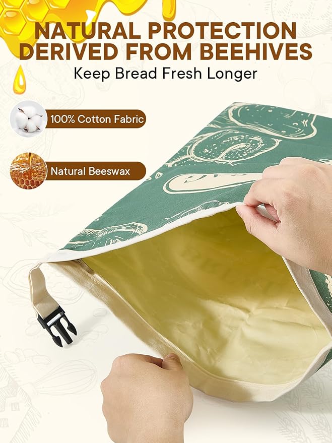 2 Pack Beeswax Bread Bags with Zipper Reusable Bread Storage Bags for Homemade Bread Sourdough Large Cotton Baguette Bag with Liner Freezer Storage Bag to Keep Fresh Kitchen Baking Supplies