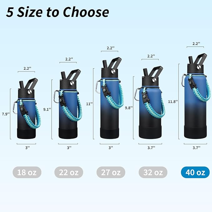 BJPKPK Insulated Water Bottle with Straw Lid, 40oz Large Thermal Flasks with 3 Lids, Paracord Handle & Non-slip Boot, BPA Free Leak Proof Stainless Steel Metal Water Bottles, Tumblers, Cups,Blue Black