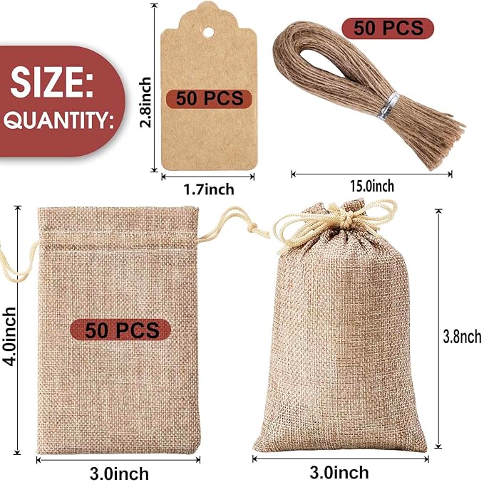 Homum Premium Burlap Gift Bags - 50 Pcs with Drawstring, Gift Tags & String, Reusable 3x4 Inch Burlap Bags for Christmas, DIY Craft