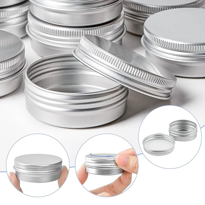 TUZAZO 12Pack 1 Oz Aluminum Tin Cans with Screw Lid and Labels, Refillable Travel Sized Cosmetic Containers Small Tins for Salves, Lotion Bars, Beard Balms, Candles