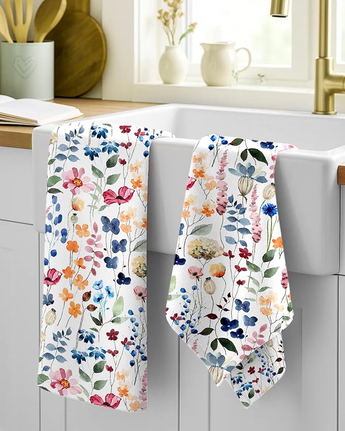 Flour Sack Kitchen Towels Set of 2-18x26 Cotton Dish Towels with Hanging Loop Reusable Tea Towel for Cleaning Spring Absorbent Dishcloths Cute Home Decor Housewarming, Watercolor Flower