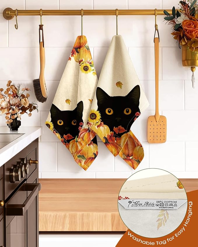 Flour Sack Kitchen Towels Set of 2-18x26 Inch Cotton Dish Towels with Hanging Loop Absorbent Reusable Cloths for Cleaning Cute Autumn Fall Home Decor Housewarming, Autumn Two Cats
