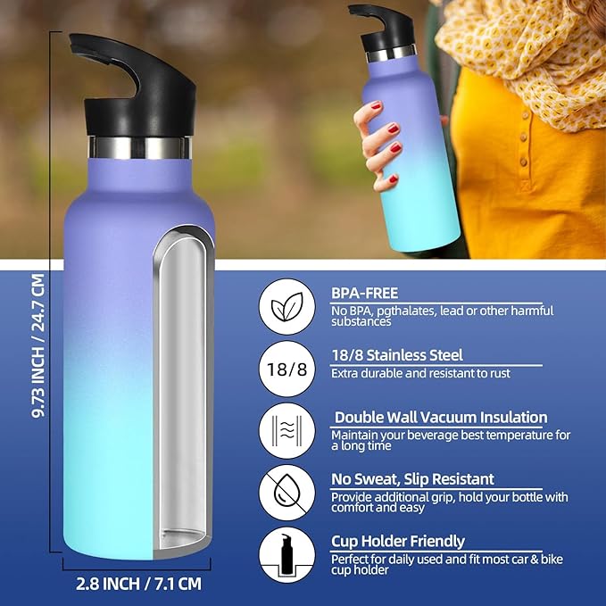 Volhoply 17oz Insulated Water Bottle Bulk 4 Pack,Stainless Steel Kids Water Bottles with Straw Lid,Double Wall Vacuum Metal Water Bottle,Reusable Sports Flask Keep Cold (Purple Blue,4 Set)