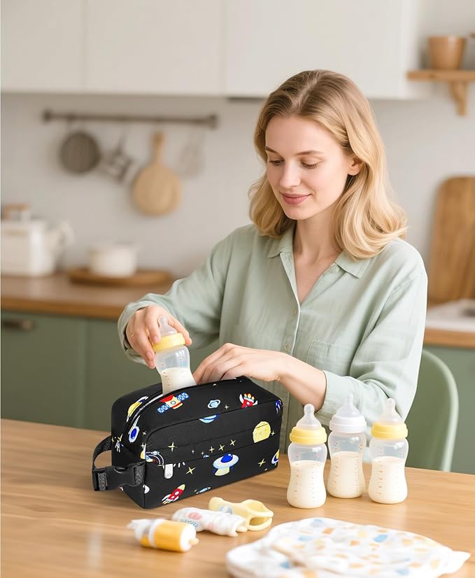 Small Insulated Snack Bag Lunch Box,Collapsible Reusable Small Lunch Bag with Snap Buckle Handle for Beach Travel Picnic,Planetary Astronauts 5-Can(3L)