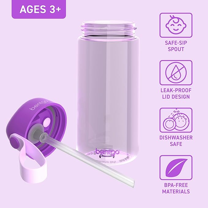 Bentgo Kids Water Bottle - Leak-Proof, Durable Tritan, BPA-Free 15 oz. Cup for Kids/Toddlers Ages 3+, Safe Sip Spout, Carrying Handle, & Dishwasher Safe for School, Sports, Daycare & Camp (Purple)
