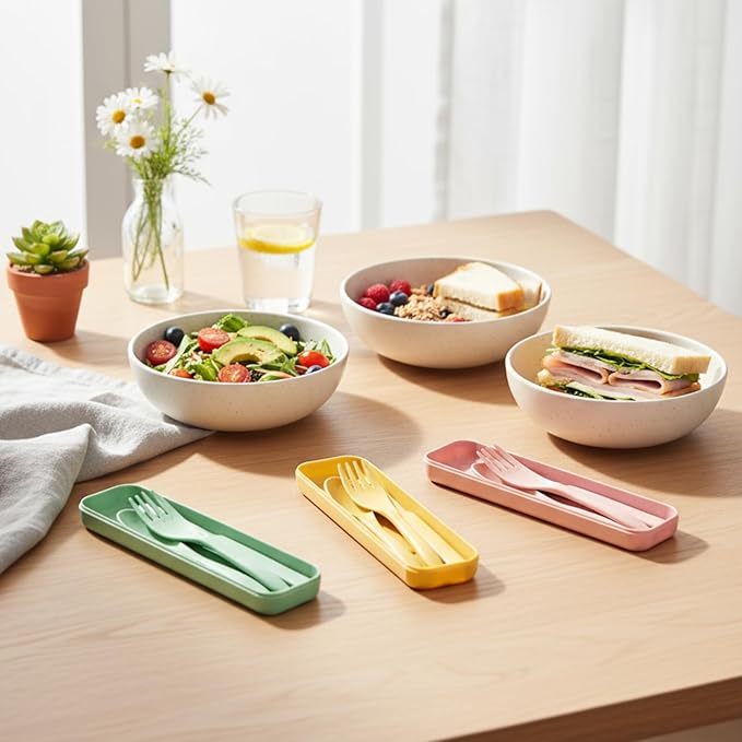 Lasnten 200 Set Reusable Utensils Set with Case Wheat Straw Utensils for Christmas Operation Bulk Items, Plastic Portable Spoon Knives Fork Bulk for Charities Nurseries Christmas Shoe Box Gift Project