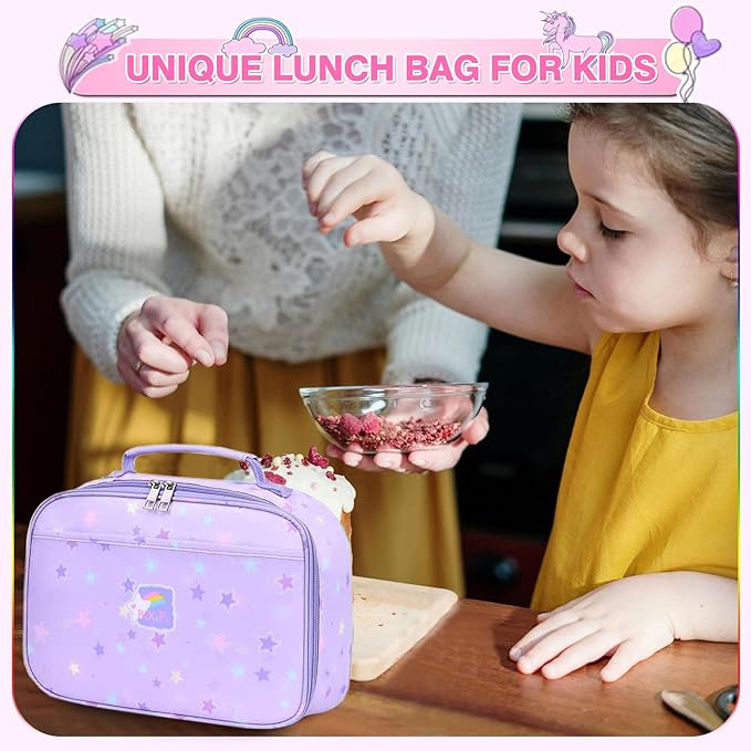 Lunch Box Kids, 11" L x 7" W x 3.5" H, Waterproof Reusable Insulated Lunch Bag for Girls, Cooler Bento Boxes Containers & Snacks for Elementary School Travel (Star Purple)
