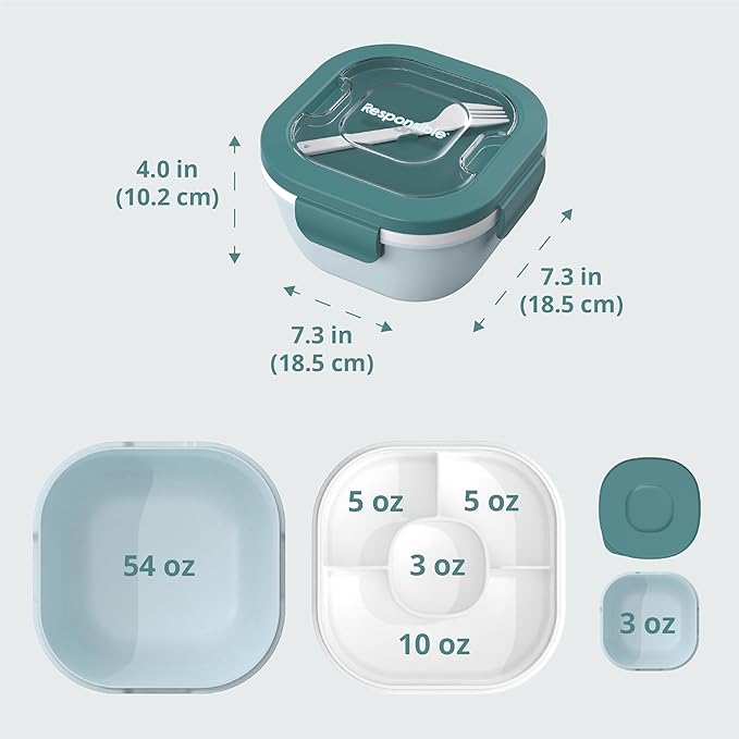 Responsible Products Leak Resistant Bento Box with Tableware for Adult - Teens, Insulated Lunch Box for Women - Men - Girls - Boys, BPA Free, Dishwasher Safe, Microwave Safe, Freezer Safe, 46 oz