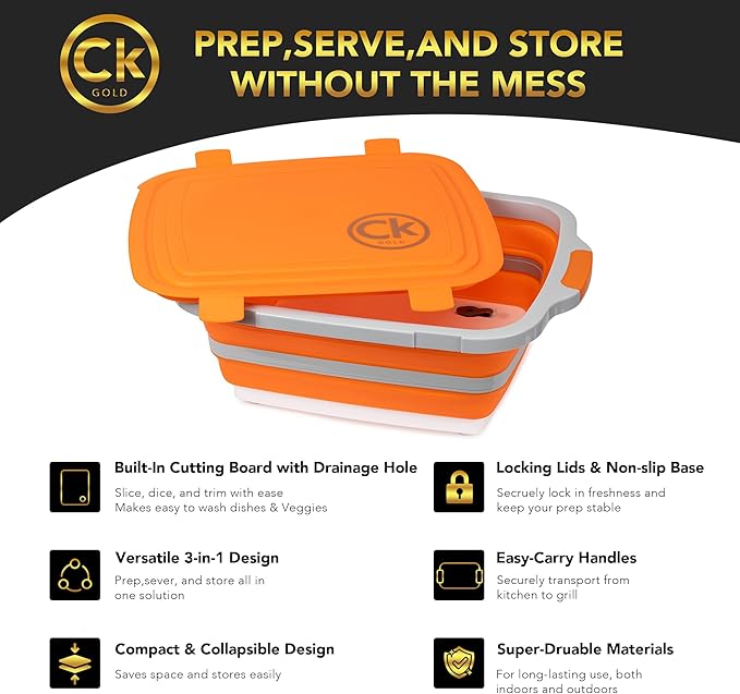 New LARGE Collapsible BBQ Prep Tub/LOCKING Lid, Cutting Board & Drain Hole | BPA-Free, Food-Grade, Recyclable, Space-Saving Buckets for Grilling, Camping, Kitchen & Outdoor Cooking (Orange, 8 Liters)