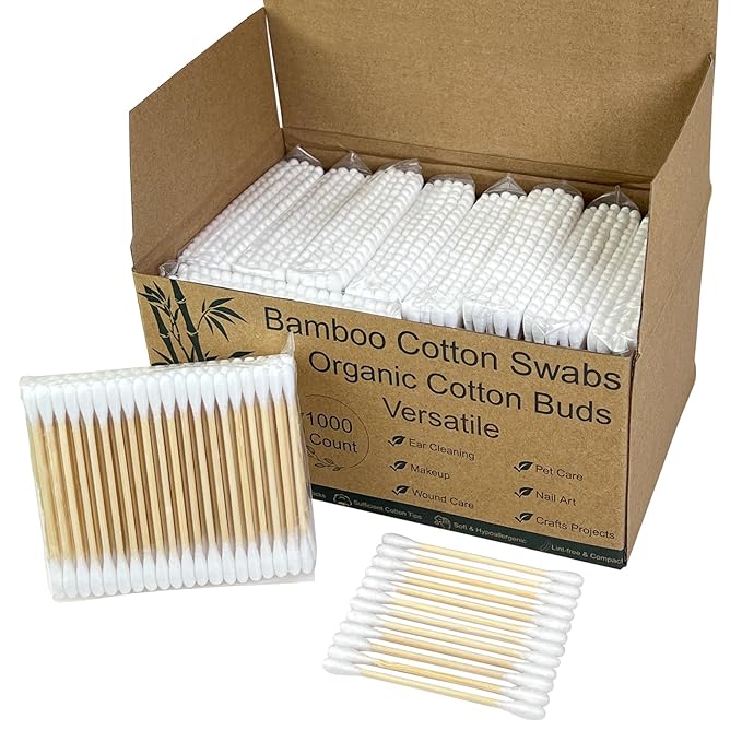 Bamboo Cotton Swabs - Biodegradable Double-Tipped Organic Cotton Buds with Wooden Sticks for Makeup, Personal Care, Ear Cleaning and Pet Grooming (1000 Count)