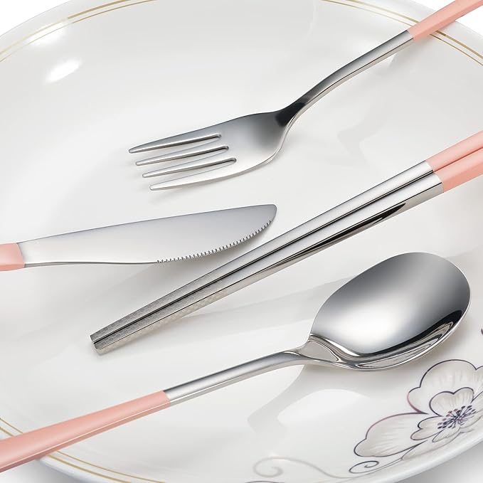 Travel cutlery set, 18/8 stainless steel cutlery, Reusable utensils set with case, Portable Silverware Lunch Box for Camping and Office (Pink/knife set)