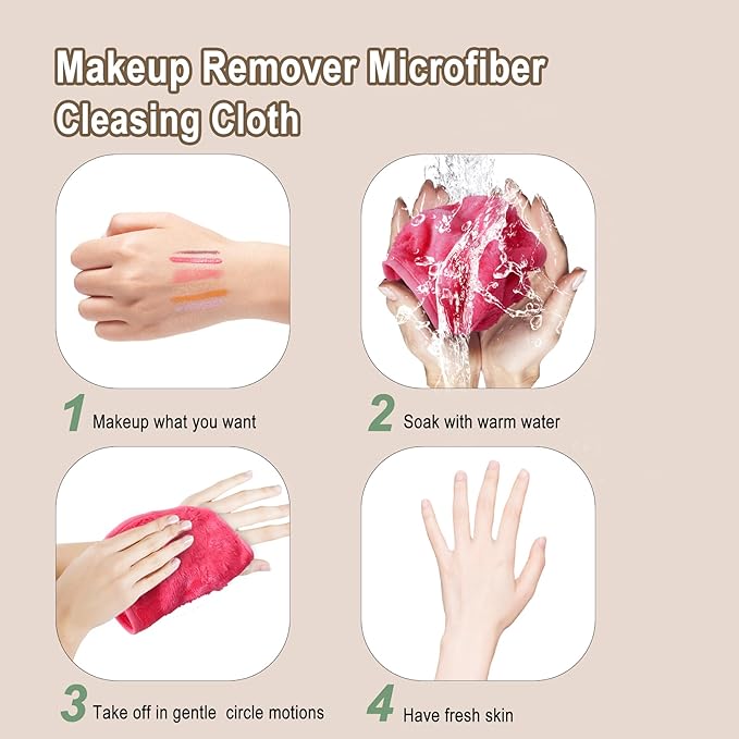 KODAMO Makeup Remover Cloth, Reusable Makeup Remover Pads Washable Travel Bag, Microfiber Makeup Removal Face Wash Cloths with Just Water, Gentle Soft,12 Pack, Pink
